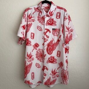 Dixxon Men's PartyBoy Short Sleeve Button Down Shirt Red White Large